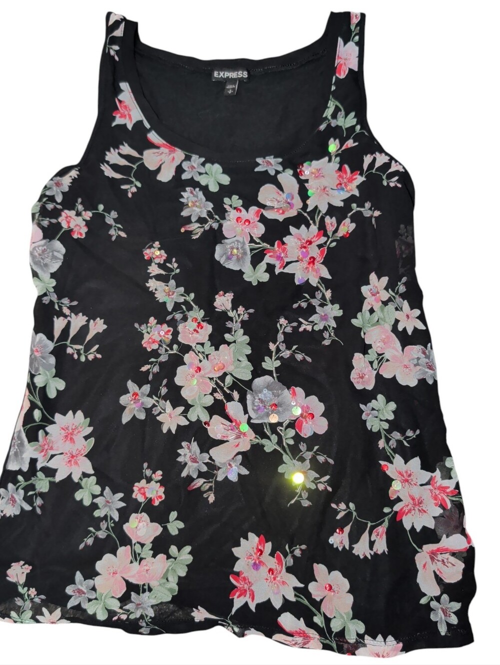 Express Black Floral Tank with Pink and Mint Blossoms